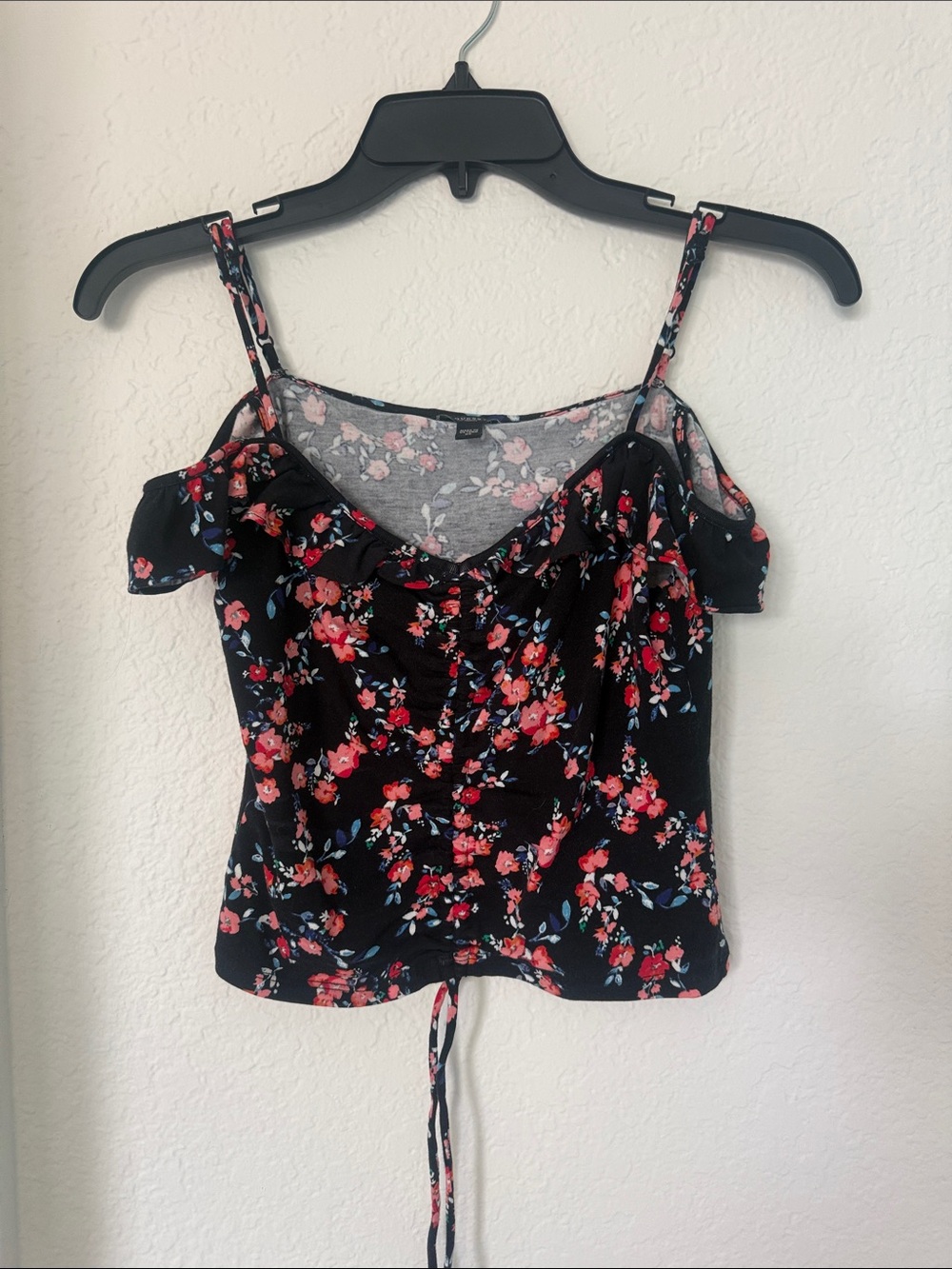 Floral Ruffle Cold-Shoulder Camisole - Black with Red Floral with Matching skirt